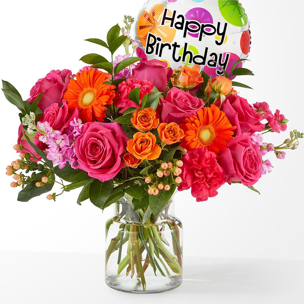 Fiesta Bouquet with Birthday Balloon – STEPH'S CREATIONS FLORAL DESIGN, Atoka OK